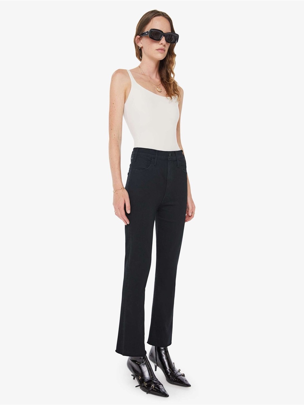 MOTHER Woman Black Denim High Rise The Hustler Ankle Fray Bootcut Jeans US26